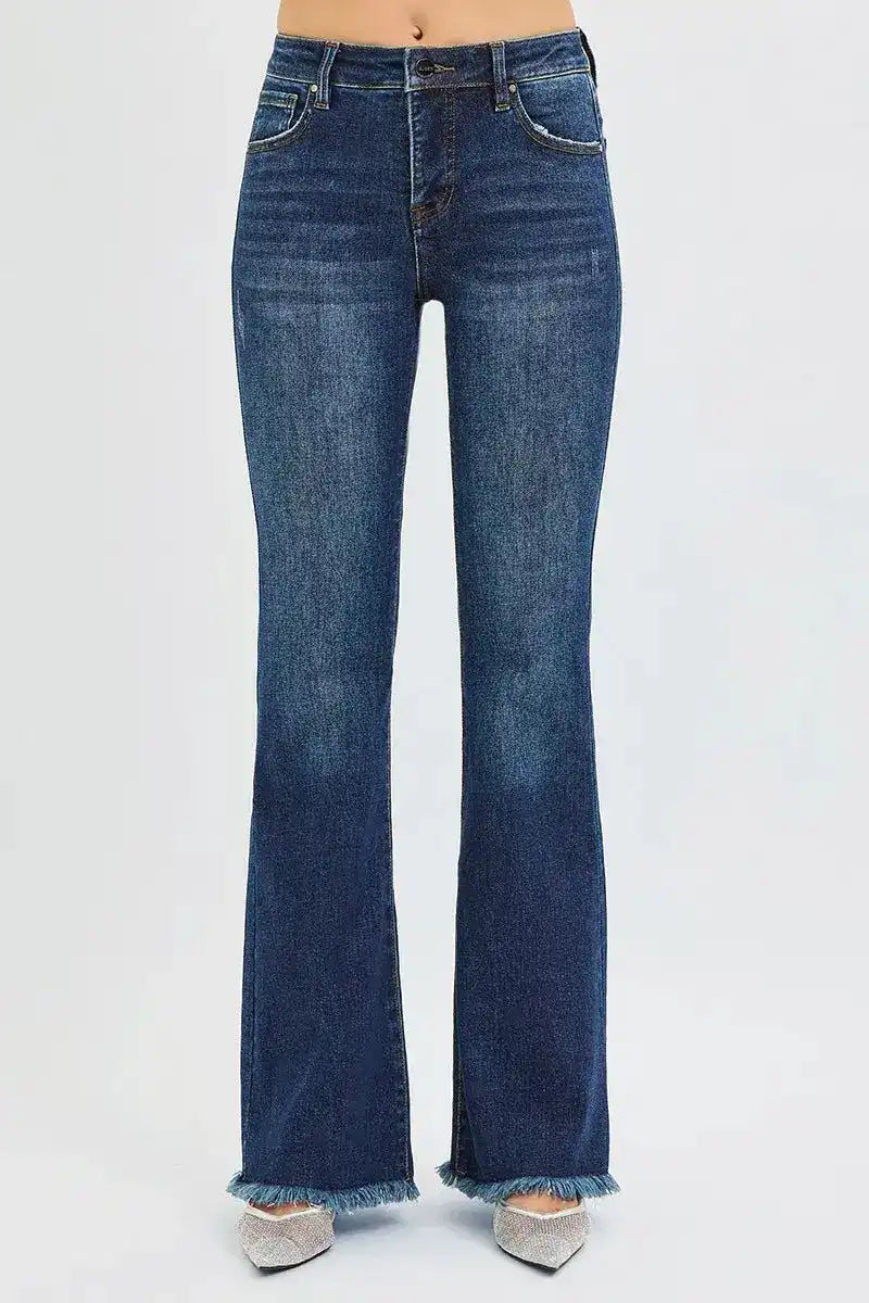 RISEN Tummy Control Mid Rise Flare Jeans PF21401 - Sleekdenim.com