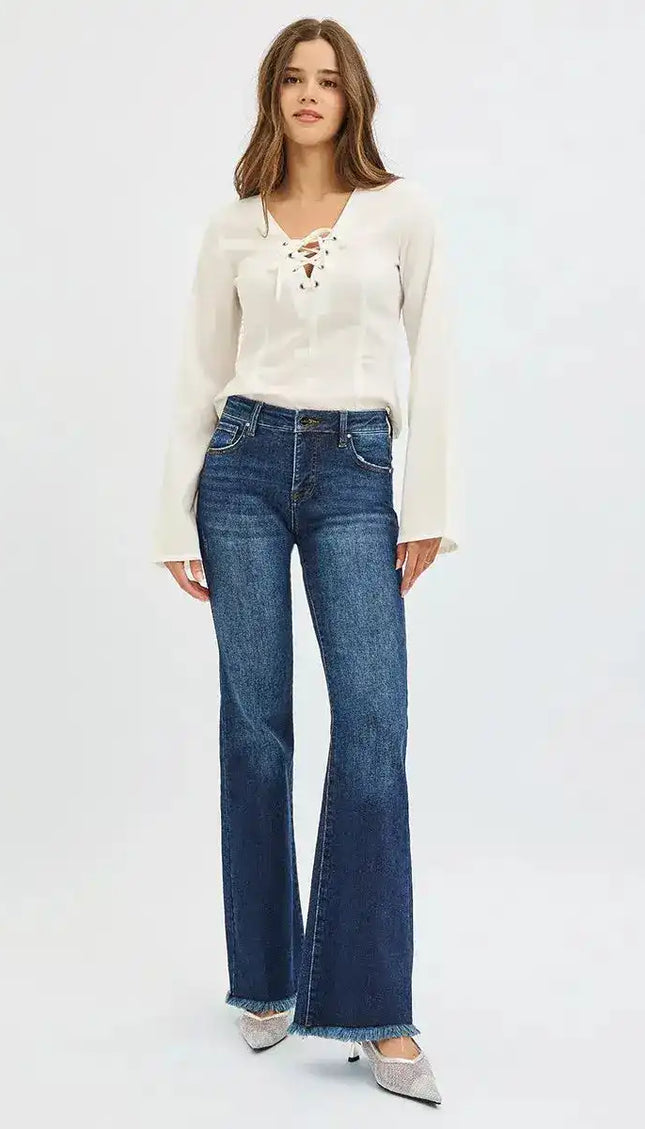 RISEN Tummy Control Mid Rise Flare Jeans PF21401 - Sleekdenim.com