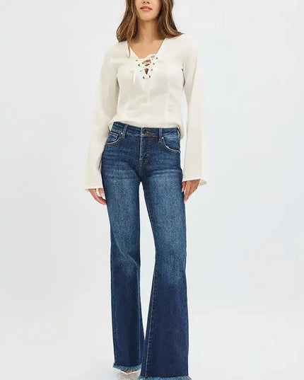RISEN Tummy Control Mid Rise Flare Jeans - Sleekdenim.com