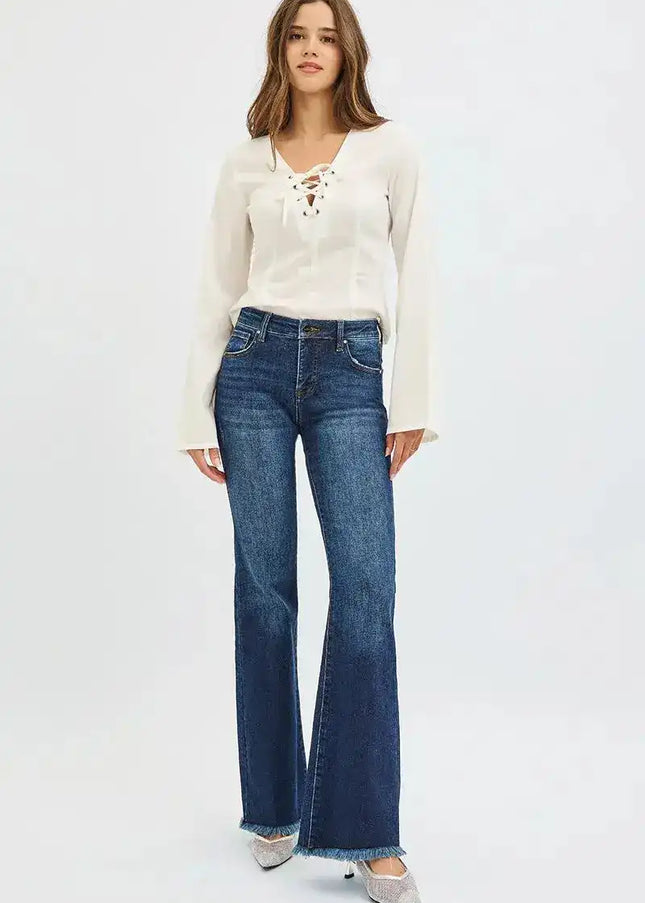 RISEN Tummy Control Mid Rise Flare Jeans PF21401 - Sleekdenim.com