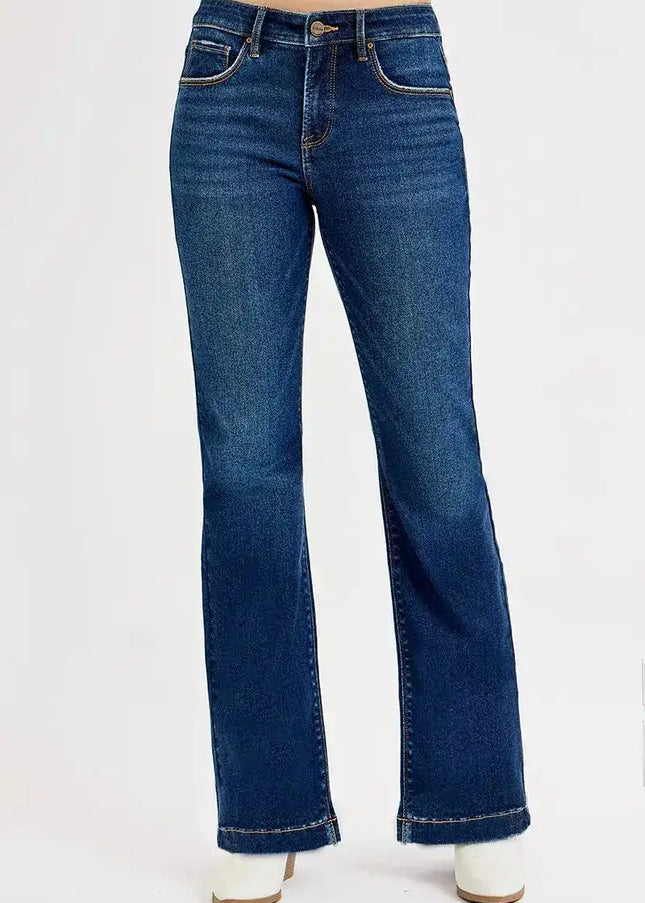 RISEN Tummy Control Mid Rise Flare Jeans PF21435 - Sleekdenim.com