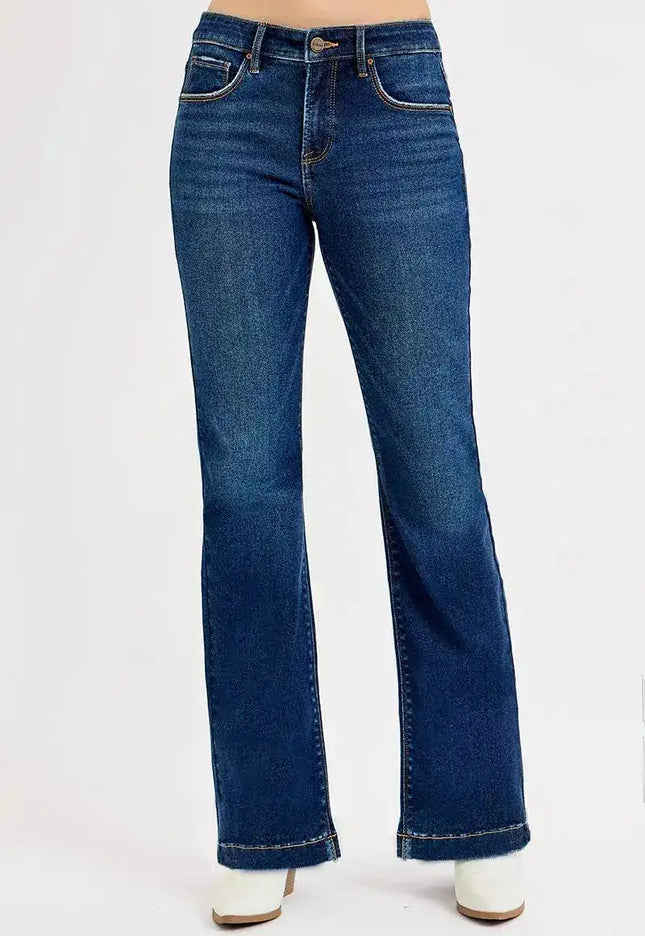 RISEN Tummy Control Mid Rise Flare Jeans PF21435 - Sleekdenim.com