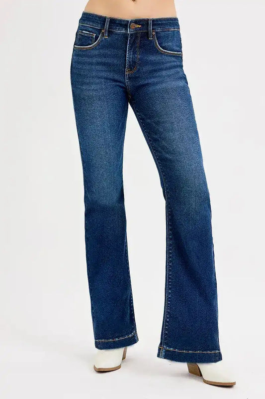 RISEN Tummy Control Mid Rise Flare Jeans PF21435 - Sleekdenim.com