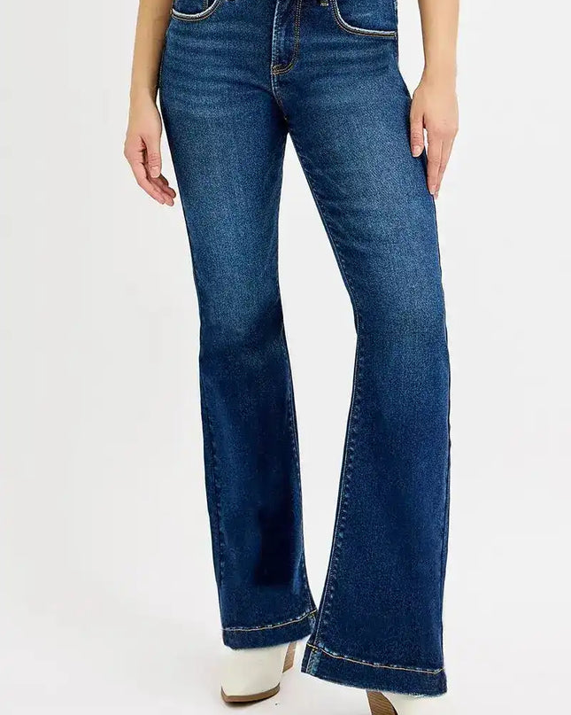 RISEN Tummy Control Mid Rise Flare Jeans - Sleekdenim.com