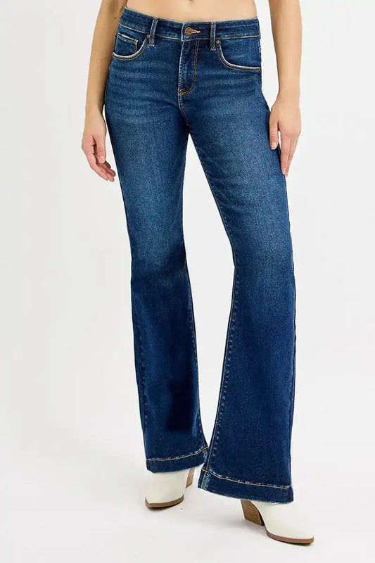RISEN Tummy Control Mid Rise Flare Jeans PF21435 - Sleekdenim.com