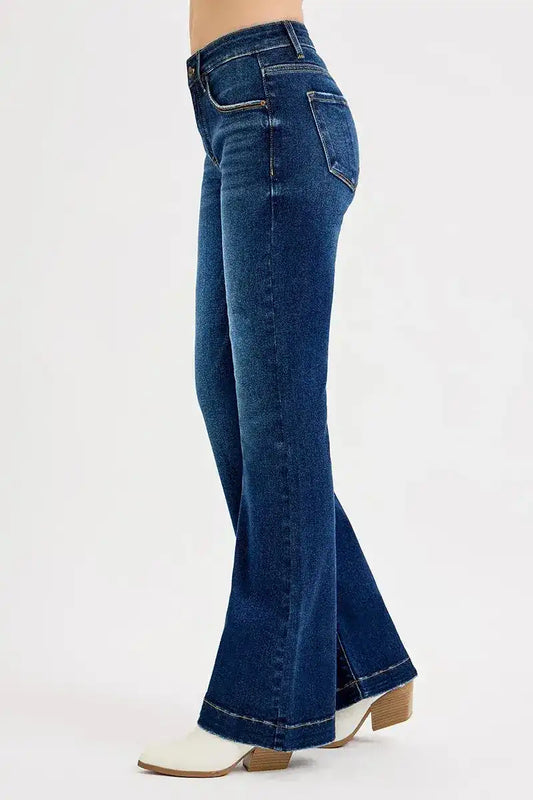 RISEN Tummy Control Mid Rise Flare Jeans PF21435 - Sleekdenim.com