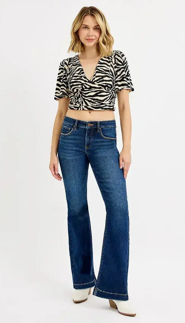 RISEN Tummy Control Mid Rise Flare Jeans PF21435 - Sleekdenim.com