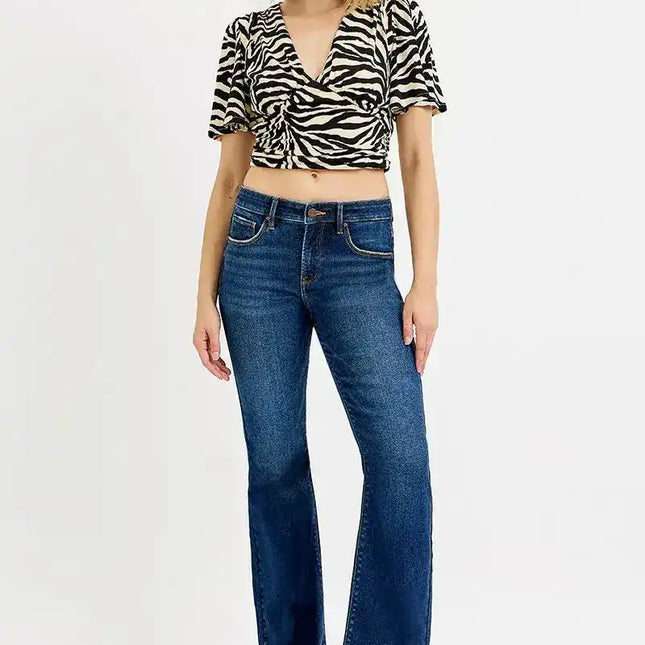 RISEN Tummy Control Mid Rise Flare Jeans PF21435 - Sleekdenim.com