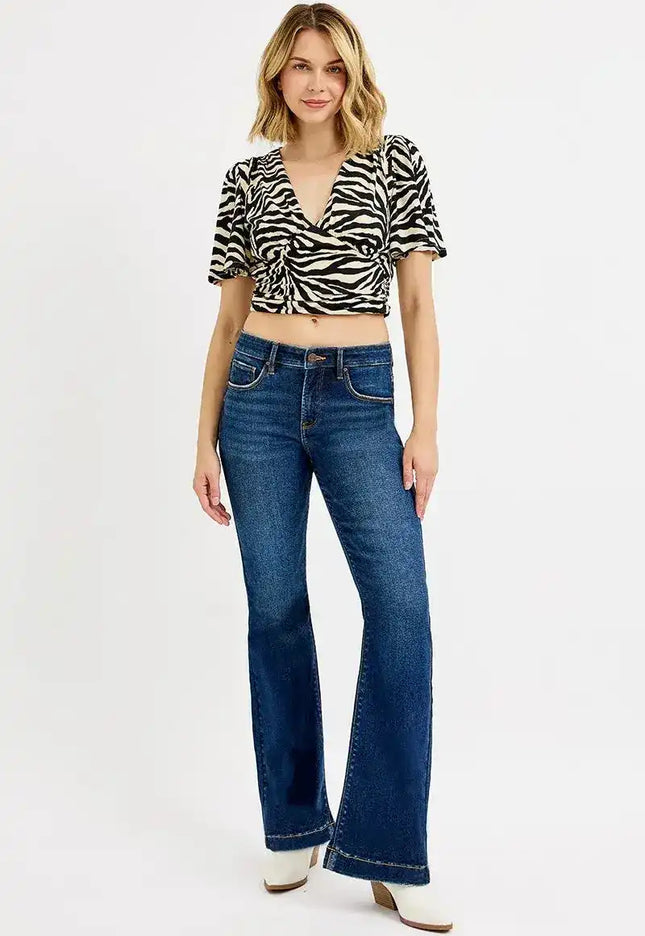 RISEN Tummy Control Mid Rise Flare Jeans PF21435 - Sleekdenim.com