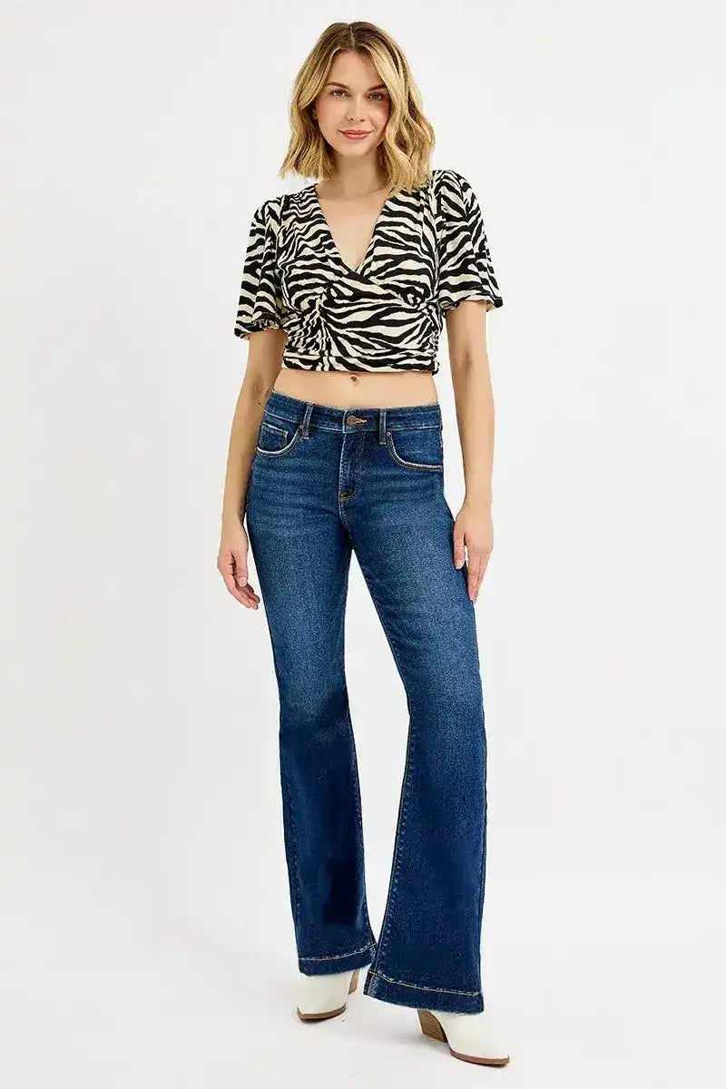 Risen Tummy Control Dark Wash Mid Rise Flare Jeans with No Distressing - PF21435