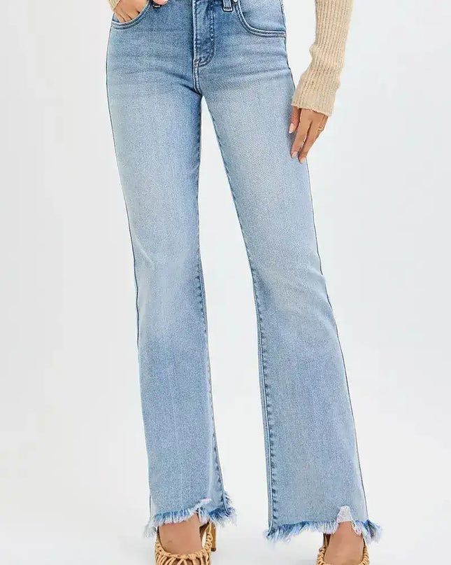 RISEN Tummy Control Mid Rise Flare Jeans with Fray Hem Detailed - Sleekdenim.com