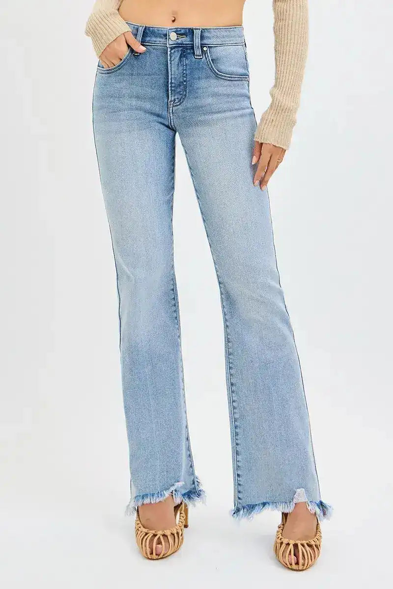 RISEN Tummy Control Mid Rise Flare Jeans with Fray Hem Detail PF21287 - Sleekdenim.com
