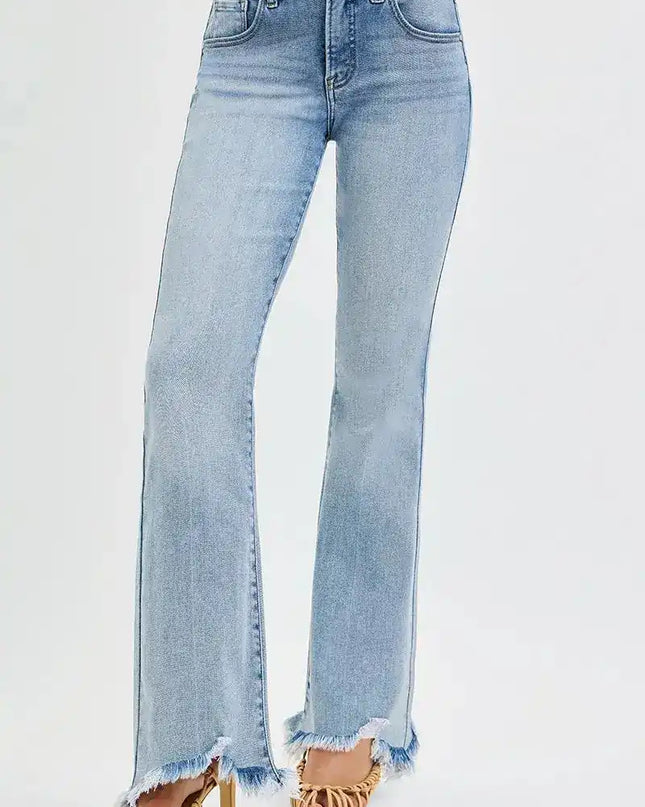 RISEN Tummy Control Mid Rise Flare Jeans with Fray Hem Detailed - Sleekdenim.com