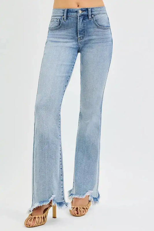 RISEN Tummy Control Mid Rise Flare Jeans with Fray Hem Detail PF21287 - Sleekdenim.com