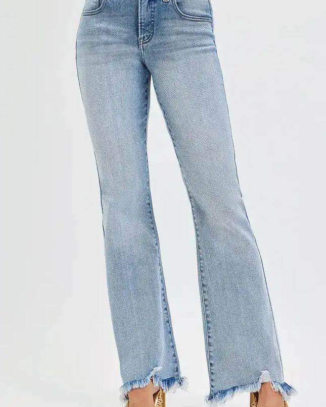 RISEN Tummy Control Mid Rise Flare Jeans with Fray Hem Detailed - Sleekdenim.com