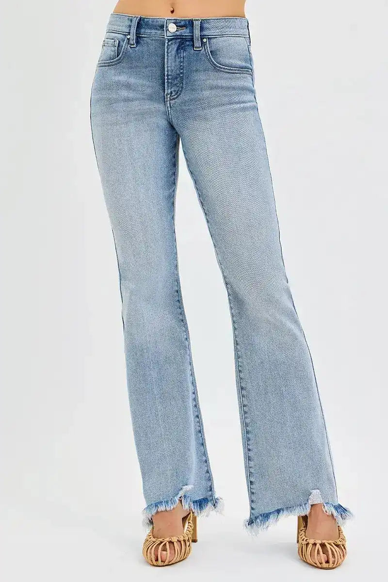 RISEN Tummy Control Mid Rise Flare Jeans with Fray Hem Detail PF21287 - Sleekdenim.com