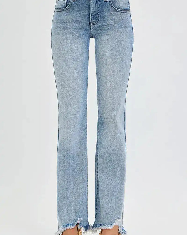 RISEN Tummy Control Mid Rise Flare Jeans with Fray Hem Detailed - Sleekdenim.com