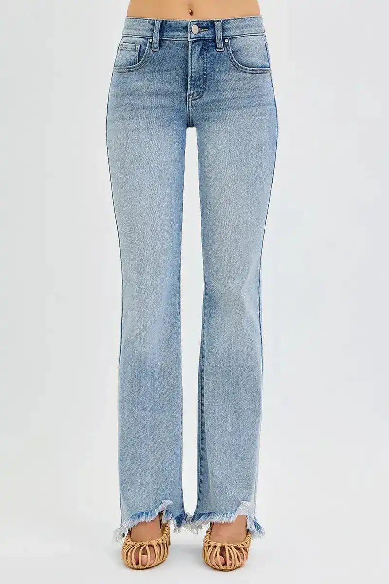 RISEN Tummy Control Mid Rise Flare Jeans with Fray Hem Detail PF21287 - Sleekdenim.com