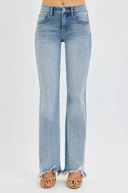 RISEN Tummy Control Mid Rise Flare Jeans with Fray Hem Detail PF21287 - Sleekdenim.com