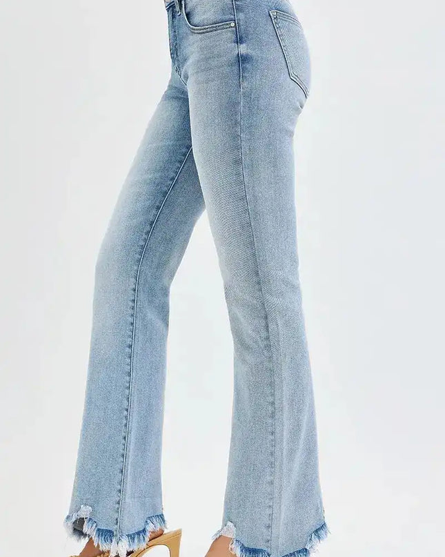 RISEN Tummy Control Mid Rise Flare Jeans with Fray Hem Detailed - Sleekdenim.com