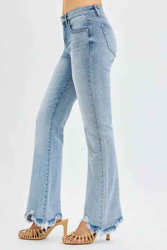 RISEN Tummy Control Mid Rise Flare Jeans with Fray Hem Detail PF21287 - Sleekdenim.com