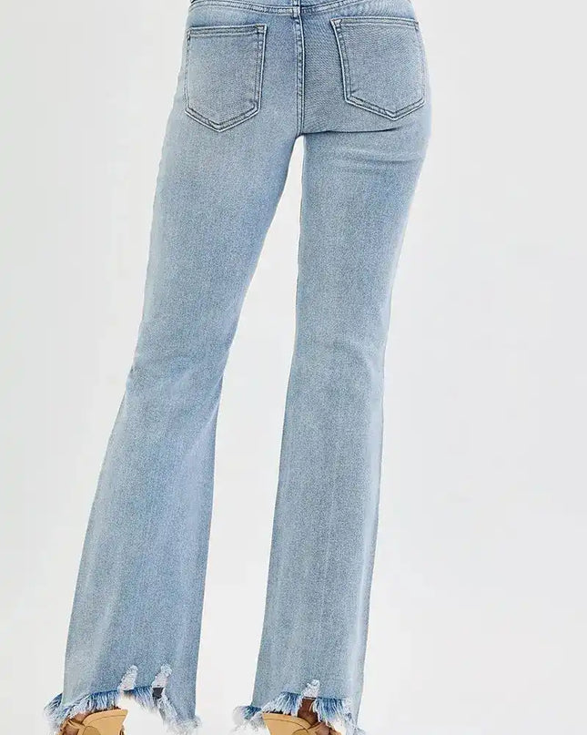 RISEN Tummy Control Mid Rise Flare Jeans with Fray Hem Detailed - Sleekdenim.com