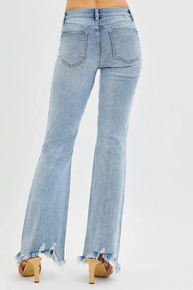 RISEN Tummy Control Mid Rise Flare Jeans with Fray Hem Detail PF21287 - Sleekdenim.com