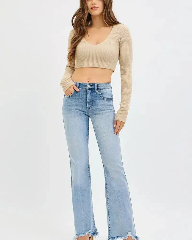 RISEN Tummy Control Mid Rise Flare Jeans with Fray Hem Detailed - Sleekdenim.com