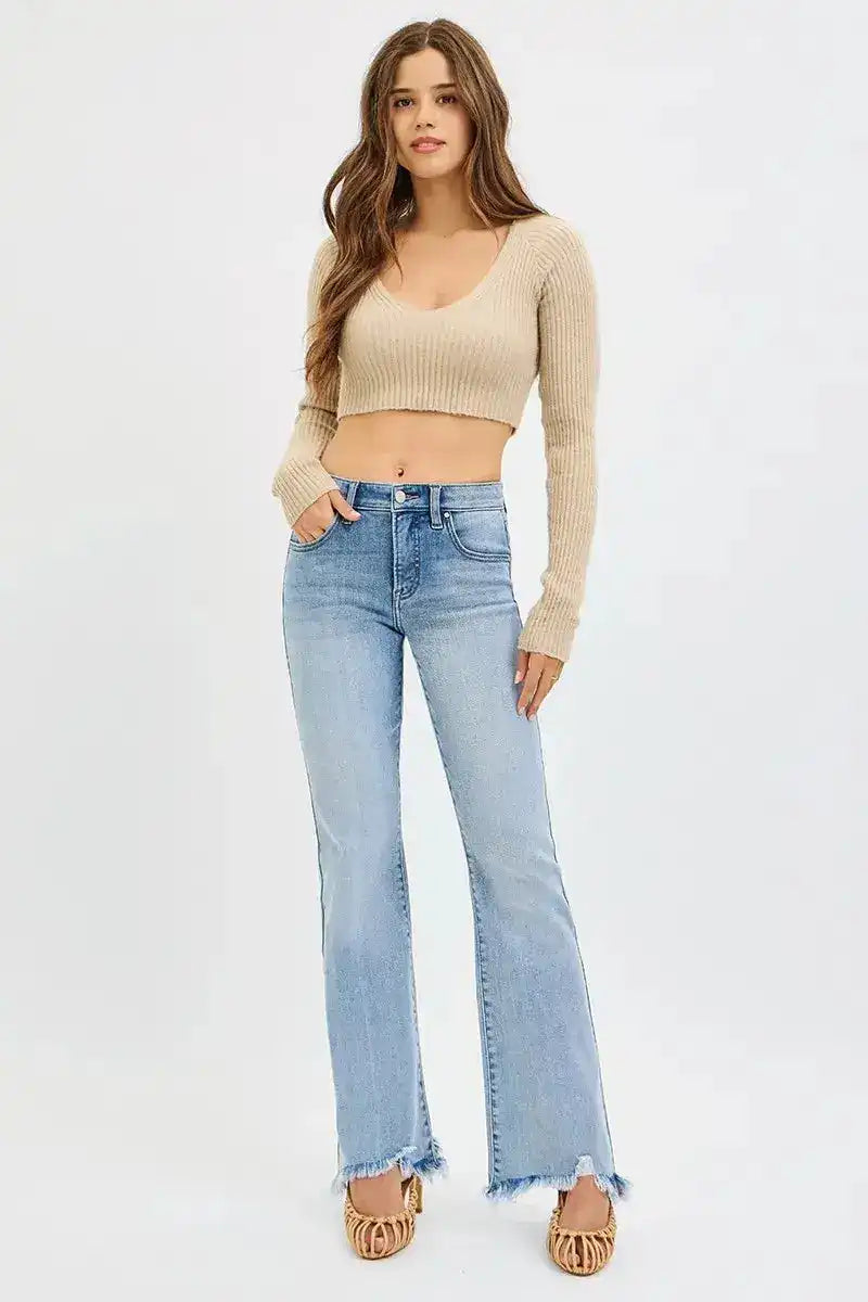 RISEN Tummy Control Mid Rise Flare Jeans with Fray Hem Detail PF21287 - Sleekdenim.com