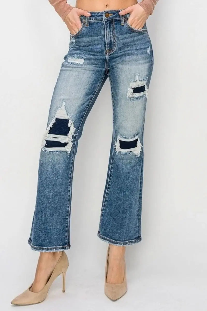 Risen Full Size High Rise Distressed Ankle Flare Jeans - Sleekdenim.com