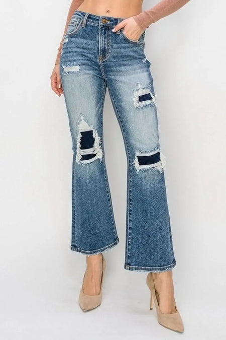 Risen Full Size High Rise Distressed Ankle Flare Jeans - Sleekdenim.com