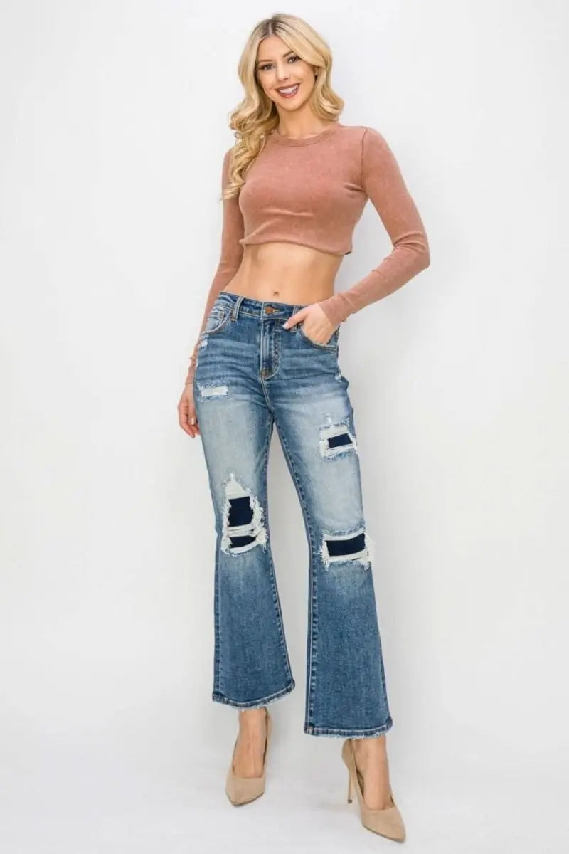 Risen Full Size High Rise Distressed Ankle Flare Jeans - Sleekdenim.com