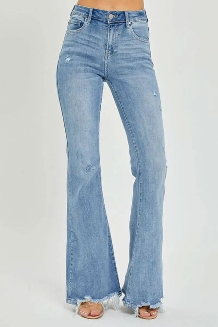 Risen Full Size High Rise Frayed Hem Flare Jeans - Sleekdenim.com