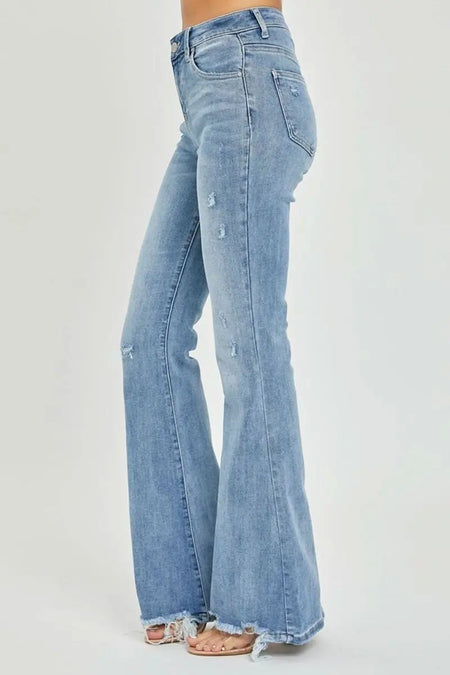 Risen Full Size High Rise Frayed Hem Flare Jeans - Sleekdenim.com