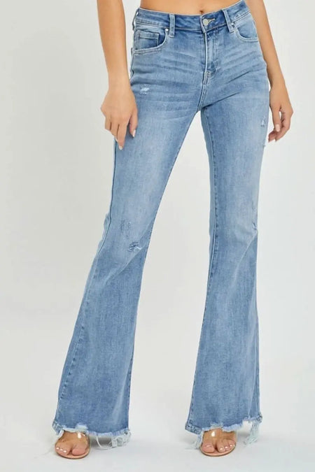 Risen Full Size High Rise Frayed Hem Flare Jeans - Sleekdenim.com