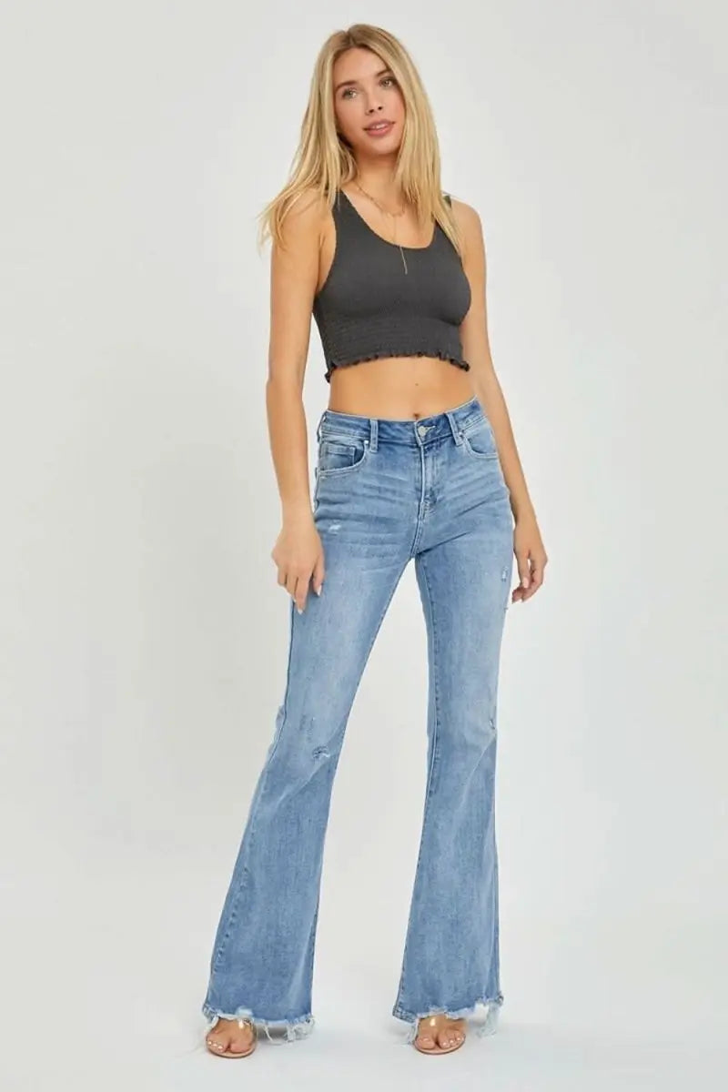 Risen Full Size High Rise Frayed Hem Flare Jeans - Sleekdenim.com