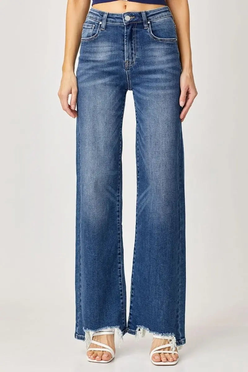 Risen Full Size High Rise Frayed Hem Wide Leg Jeans - Sleekdenim.com