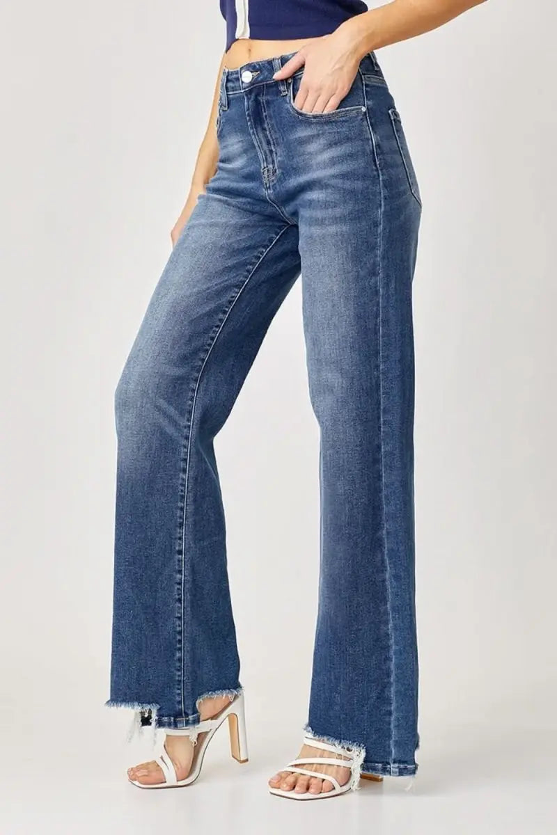 Risen Full Size High Rise Frayed Hem Wide Leg Jeans - Sleekdenim.com