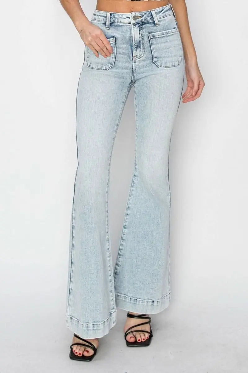 Risen Full Size High Rise Front Patch Pocket Flare Jeans - Sleekdenim.com