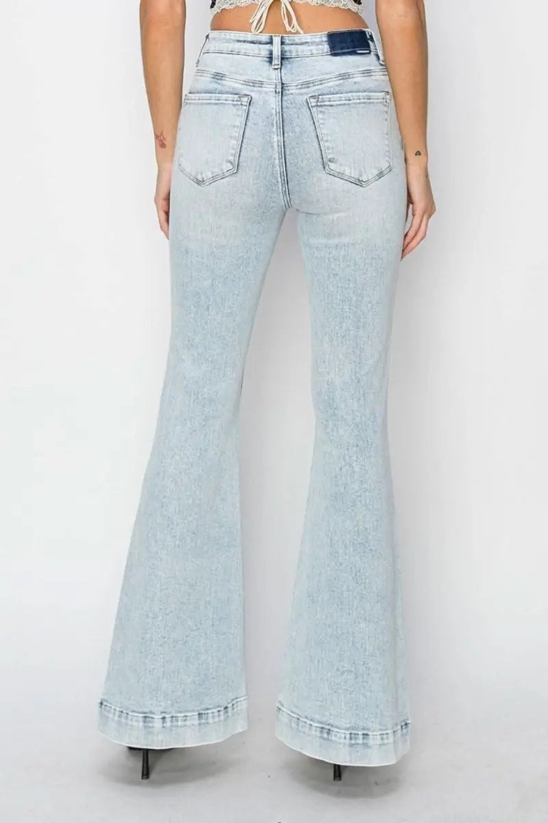 Risen Full Size High Rise Front Patch Pocket Flare Jeans - Sleekdenim.com