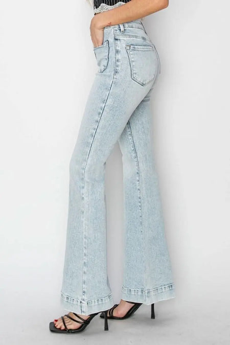 Risen Full Size High Rise Front Patch Pocket Flare Jeans - Sleekdenim.com