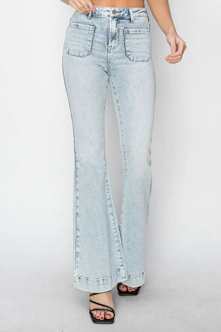 Risen Full Size High Rise Front Patch Pocket Flare Jeans - Sleekdenim.com