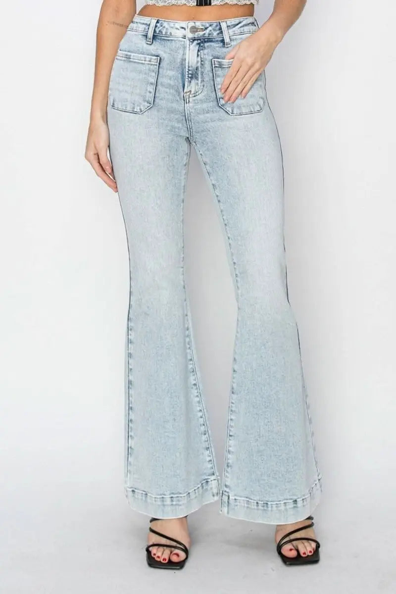 Risen Full Size High Rise Front Patch Pocket Flare Jeans - Sleekdenim.com