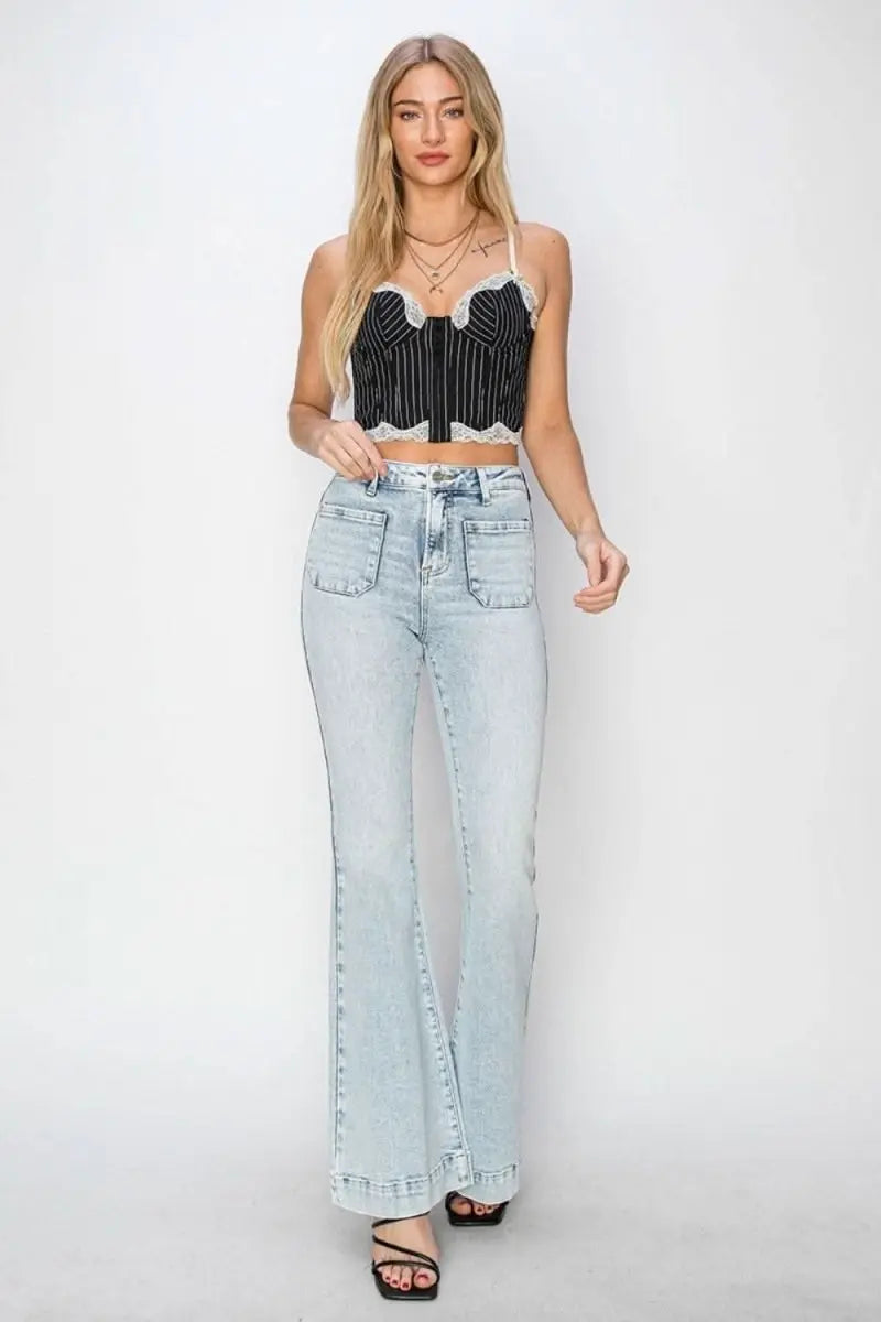 Risen Full Size High Rise Front Patch Pocket Flare Jeans - Sleekdenim.com