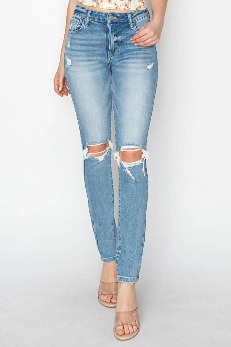 Risen Full Size High Rise Knee Distressed Skinny Jeans - Sleekdenim.com