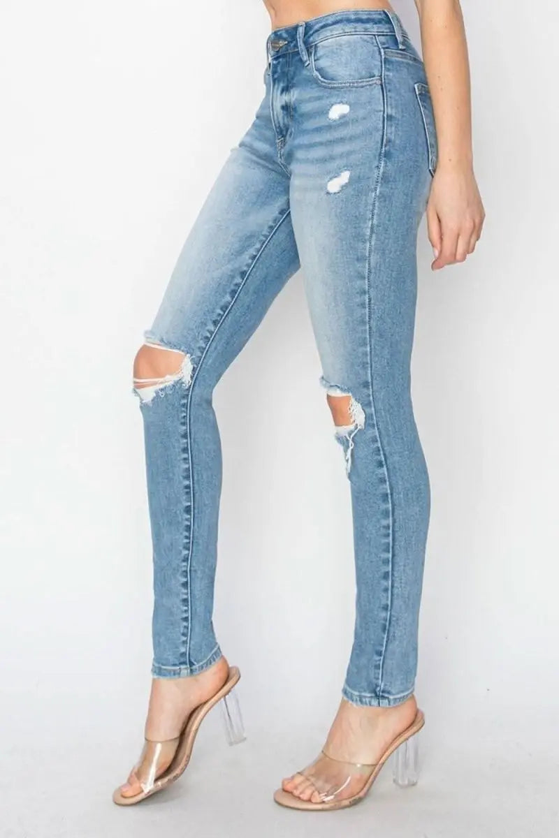 Risen Full Size High Rise Knee Distressed Skinny Jeans - Sleekdenim.com