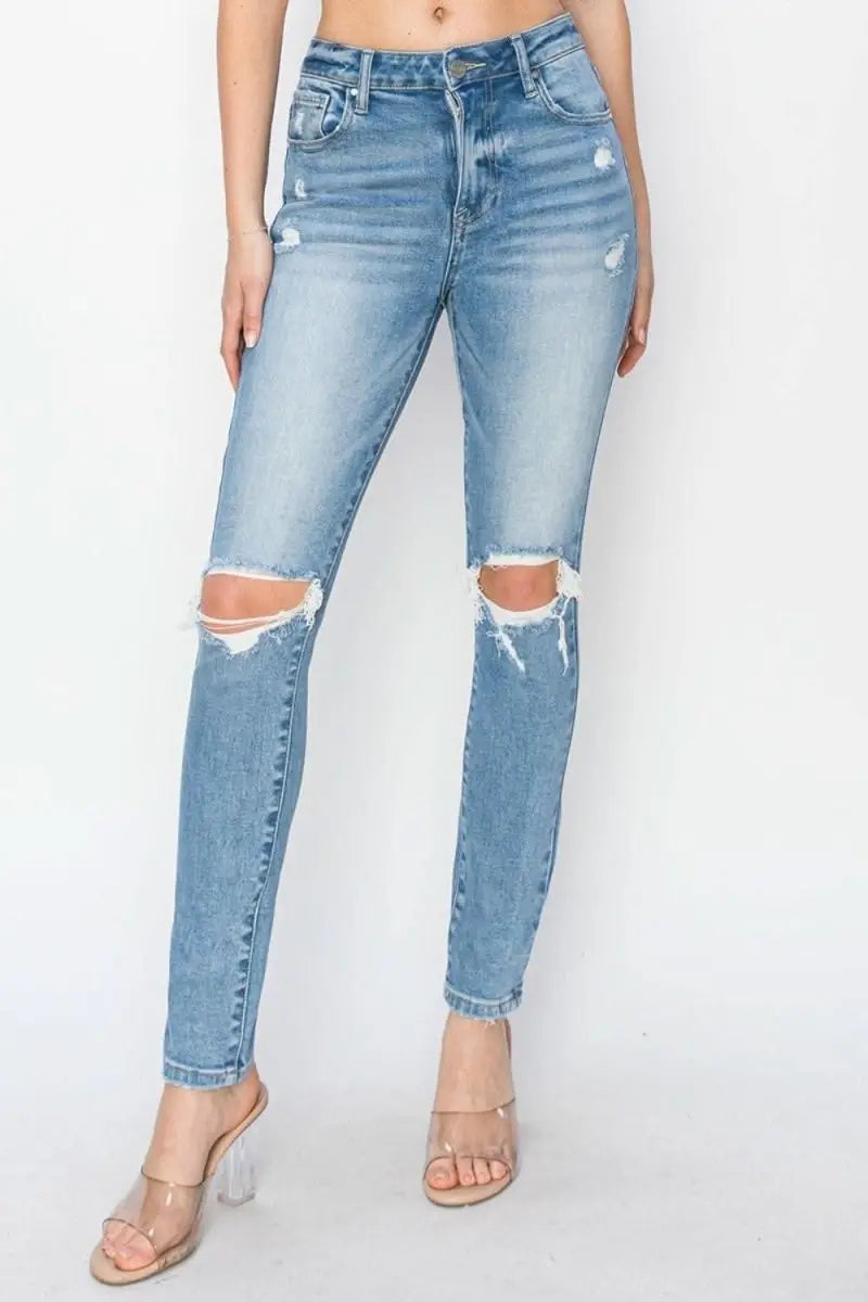 Risen Full Size High Rise Knee Distressed Skinny Jeans - Sleekdenim.com