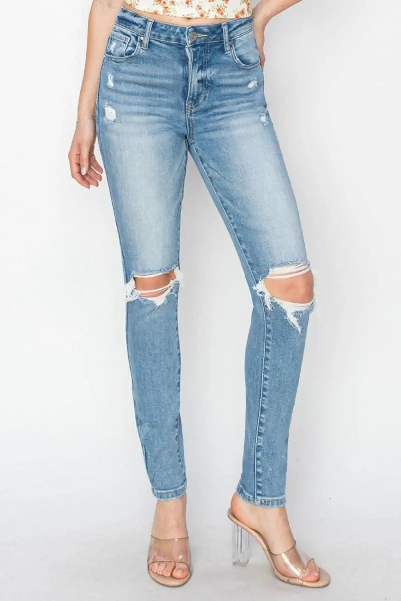 Risen Full Size High Rise Knee Distressed Skinny Jeans - Sleekdenim.com