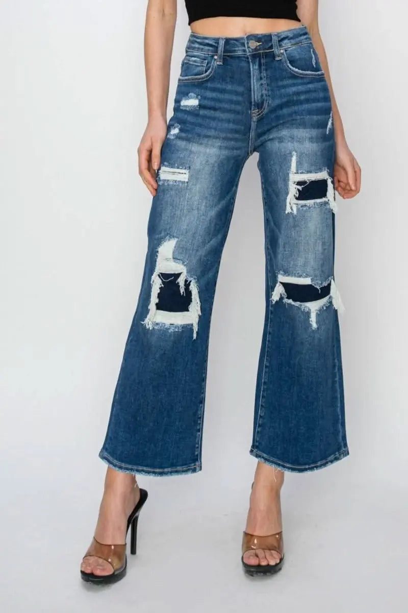 Risen Full Size High Rise Patch Detailed Wide Leg Crop Jeans - Sleekdenim.com