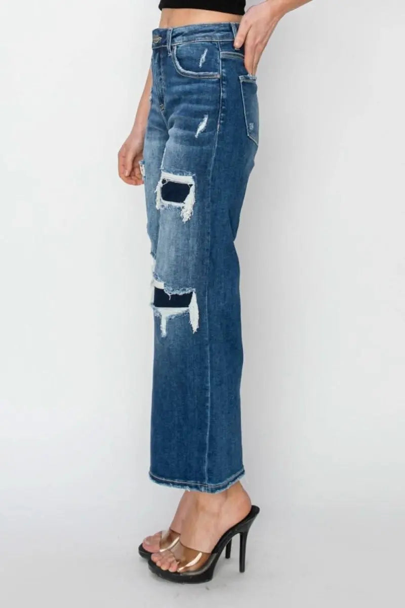 Risen Full Size High Rise Patch Detailed Wide Leg Crop Jeans - Sleekdenim.com